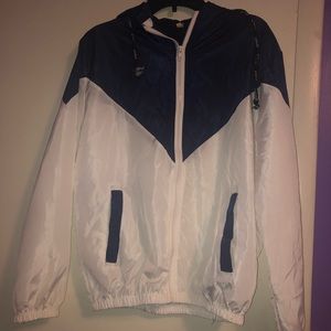 Blue and white rain jacket